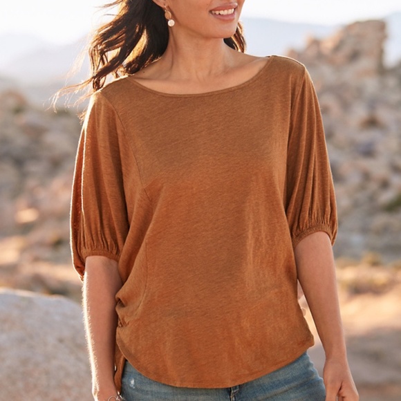 Garnet Hill size L organic linen puff sleeve top burnt orange jersey oversized - Picture 1 of 13
